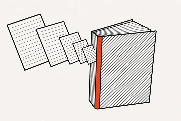 Loose sheets of paper gathering into one bound ledger
