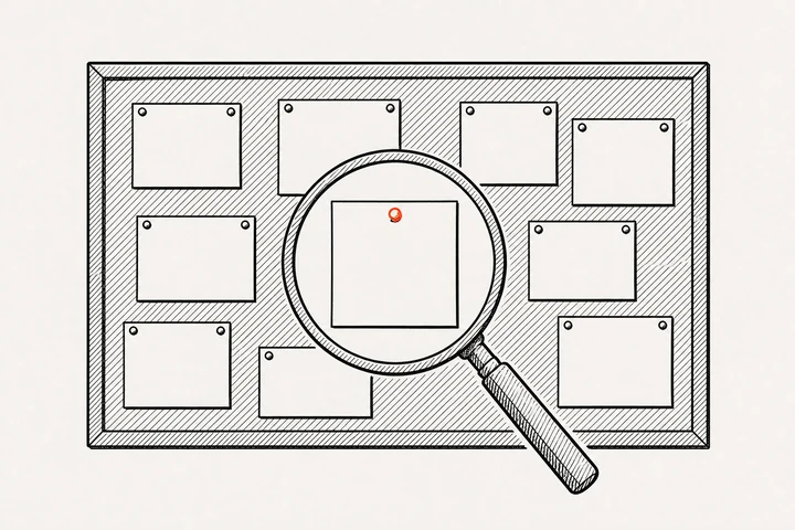 A magnifying glass over a notice board with one new notice