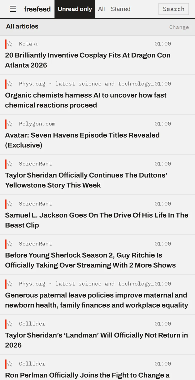 The freefeed article list: subscribed sites grouped into folders, with their article titles newest first