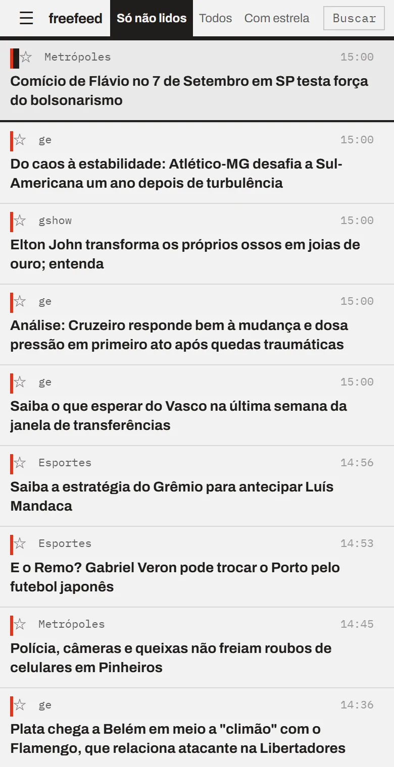 Lista de artigos do freefeed: os sites adicionados, separados por assunto em pastas, e embaixo os títulos do mais novo para o mais antigo