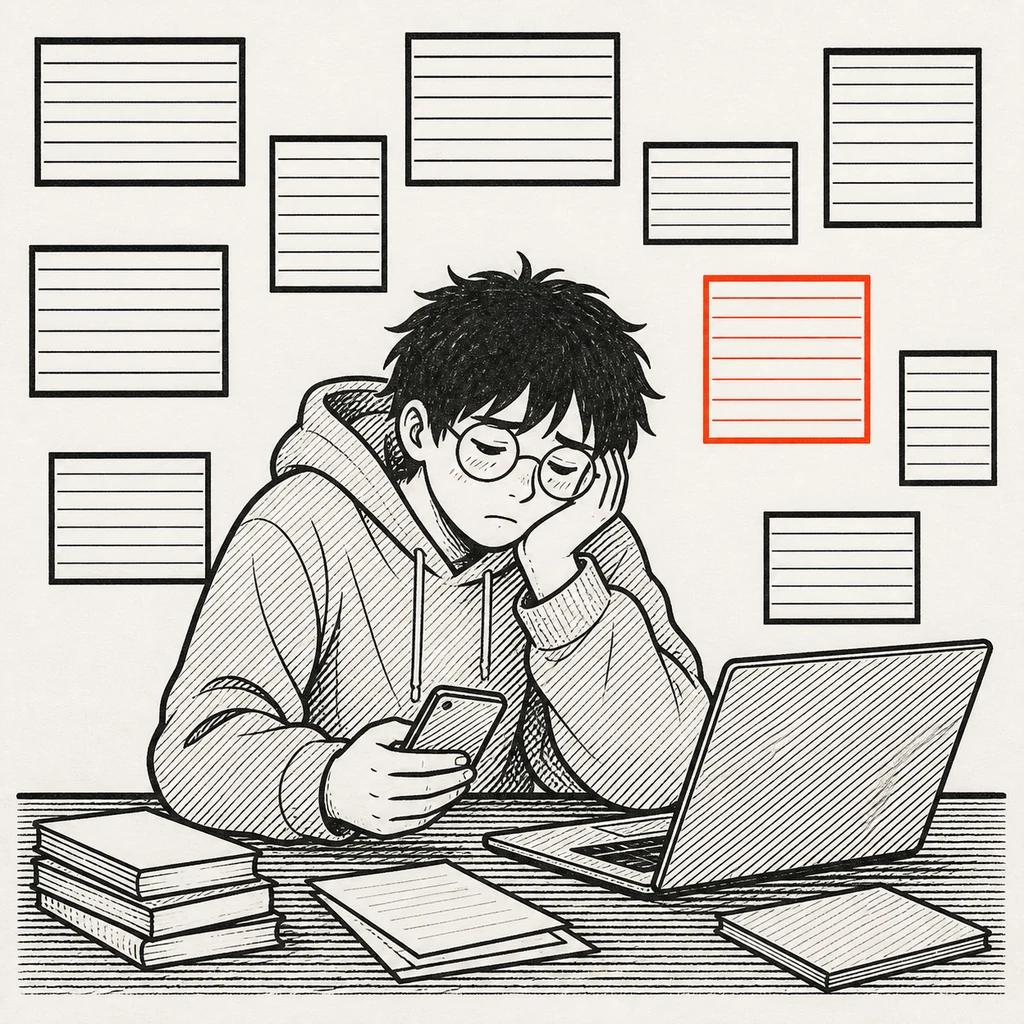 一個人坐在書桌前,周圍是手機與筆電,一頁接著一頁打開卻都沒有新東西,肩膀垮了下來。